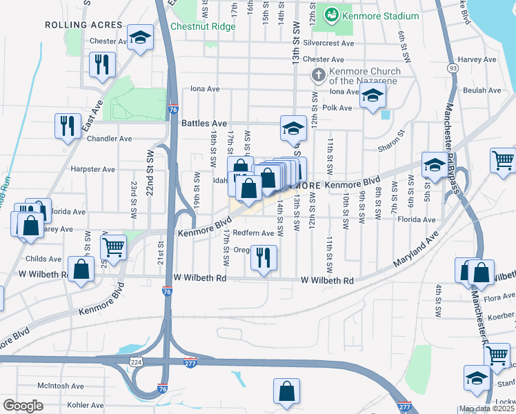 map of restaurants, bars, coffee shops, grocery stores, and more near in Akron