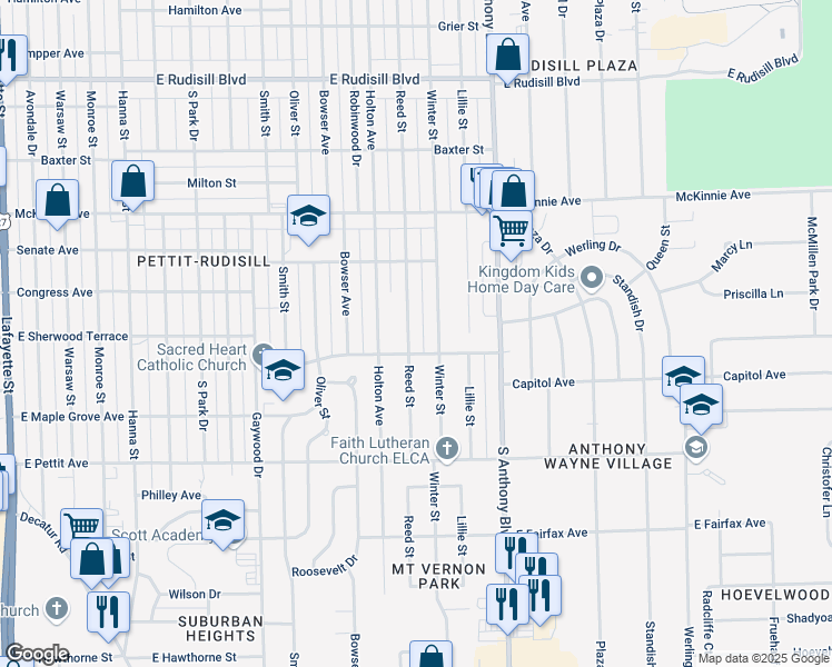 map of restaurants, bars, coffee shops, grocery stores, and more near 4514 Winter Street in Fort Wayne