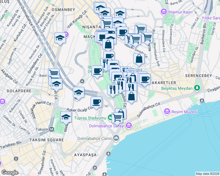 map of restaurants, bars, coffee shops, grocery stores, and more near Maçka Demokrasi Park İçi Yolu in Istanbul