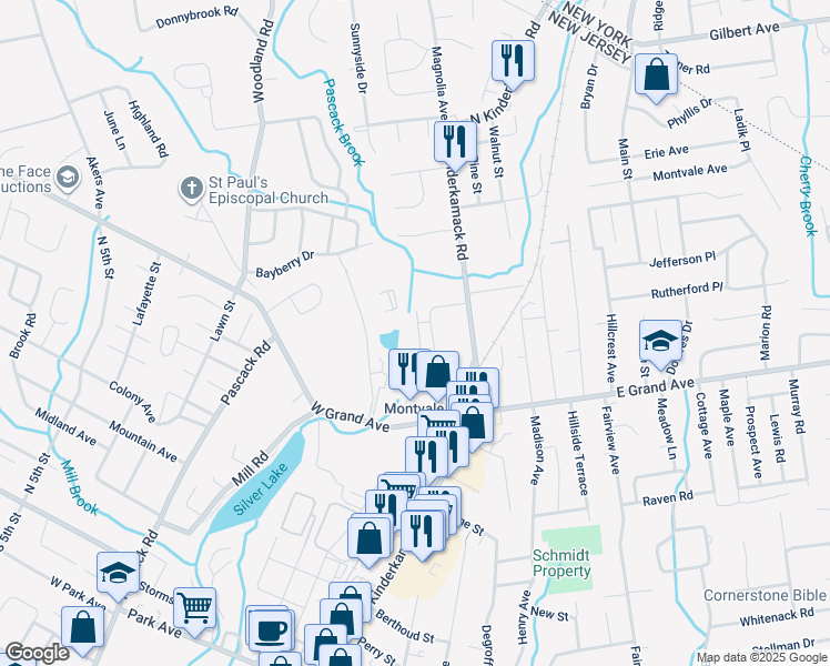 map of restaurants, bars, coffee shops, grocery stores, and more near 151 Nottingham Court in Montvale