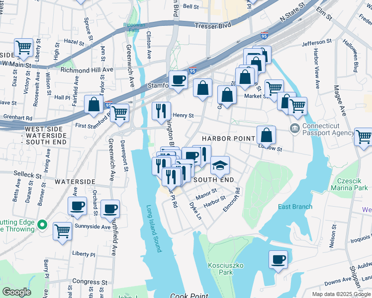map of restaurants, bars, coffee shops, grocery stores, and more near 804 Atlantic Street in Stamford