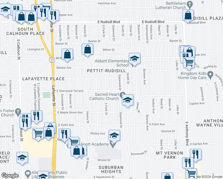 map of restaurants, bars, coffee shops, grocery stores, and more near 4534 Spatz Avenue in Fort Wayne