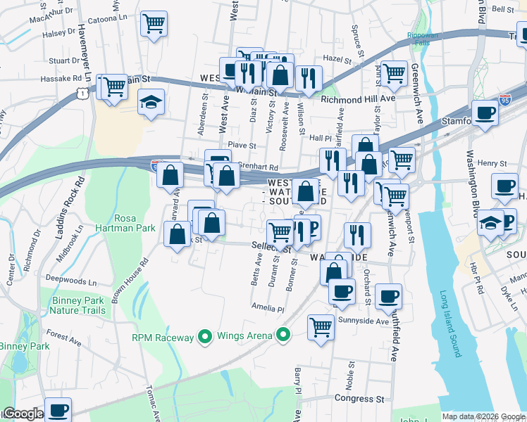 map of restaurants, bars, coffee shops, grocery stores, and more near Southwood Drive in Stamford