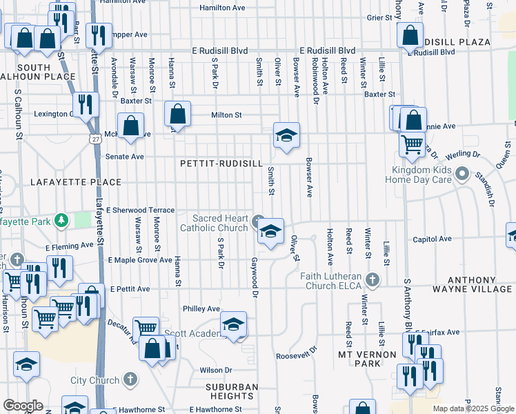 map of restaurants, bars, coffee shops, grocery stores, and more near 4533 Gaywood Drive in Fort Wayne