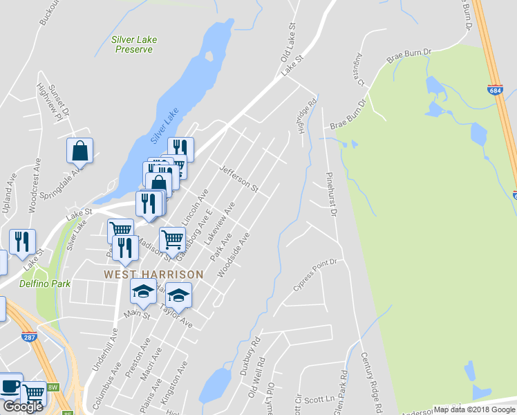 map of restaurants, bars, coffee shops, grocery stores, and more near 173 Woodside Avenue in West Harrison