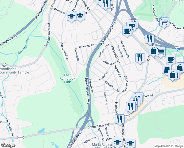 map of restaurants, bars, coffee shops, grocery stores, and more near 2 Pomander Drive in White Plains