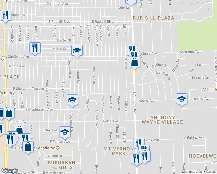 map of restaurants, bars, coffee shops, grocery stores, and more near 4524 Reed Street in Fort Wayne
