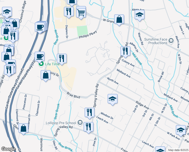 map of restaurants, bars, coffee shops, grocery stores, and more near 212 Bearwoods Road in Park Ridge