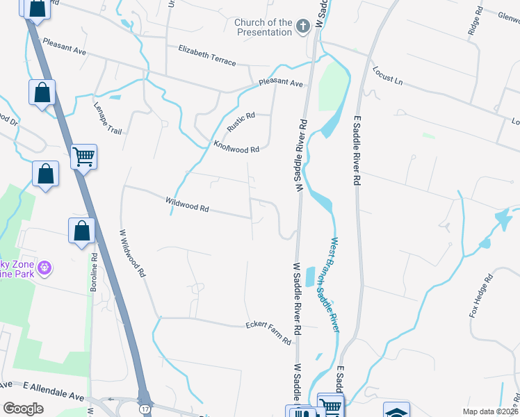 map of restaurants, bars, coffee shops, grocery stores, and more near 16 Old Acres Road in Saddle River