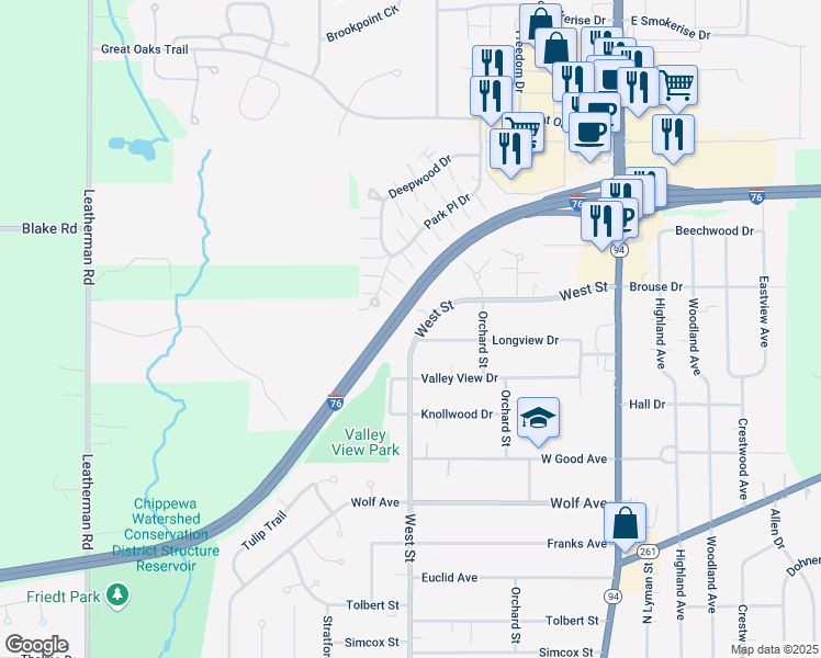 map of restaurants, bars, coffee shops, grocery stores, and more near 728 West Street in Wadsworth