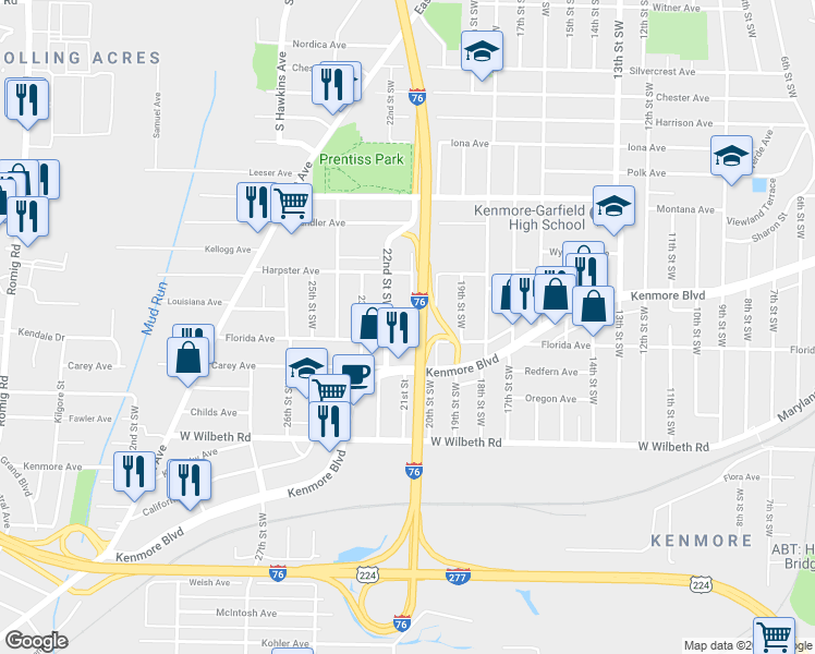 map of restaurants, bars, coffee shops, grocery stores, and more near 2240 21st Street Southwest in Akron