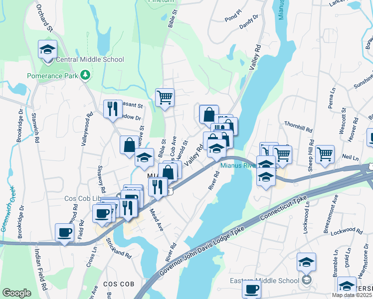 map of restaurants, bars, coffee shops, grocery stores, and more near 18 Harold Street in Greenwich
