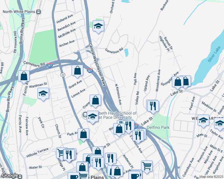 map of restaurants, bars, coffee shops, grocery stores, and more near 6 Beech Street in White Plains