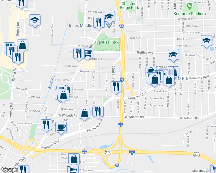 map of restaurants, bars, coffee shops, grocery stores, and more near 2230 22nd Street Southwest in Akron