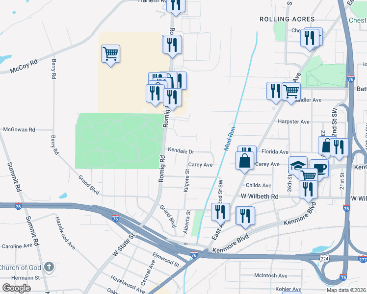 map of restaurants, bars, coffee shops, grocery stores, and more near 1449 Kendale Drive in Akron