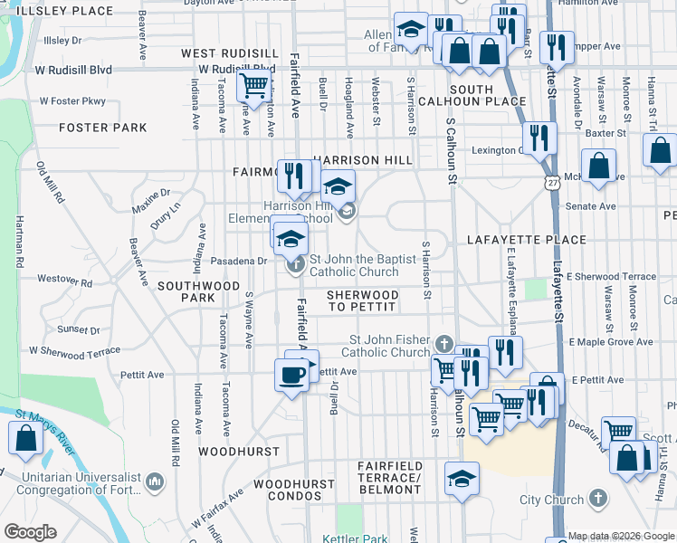 map of restaurants, bars, coffee shops, grocery stores, and more near 425 Pasadena Drive in Fort Wayne