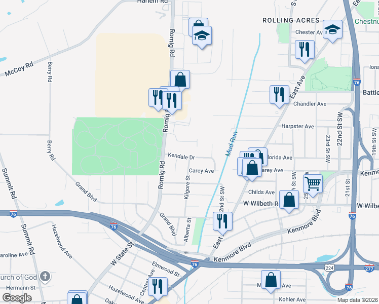 map of restaurants, bars, coffee shops, grocery stores, and more near 1449 Kendale Drive in Akron