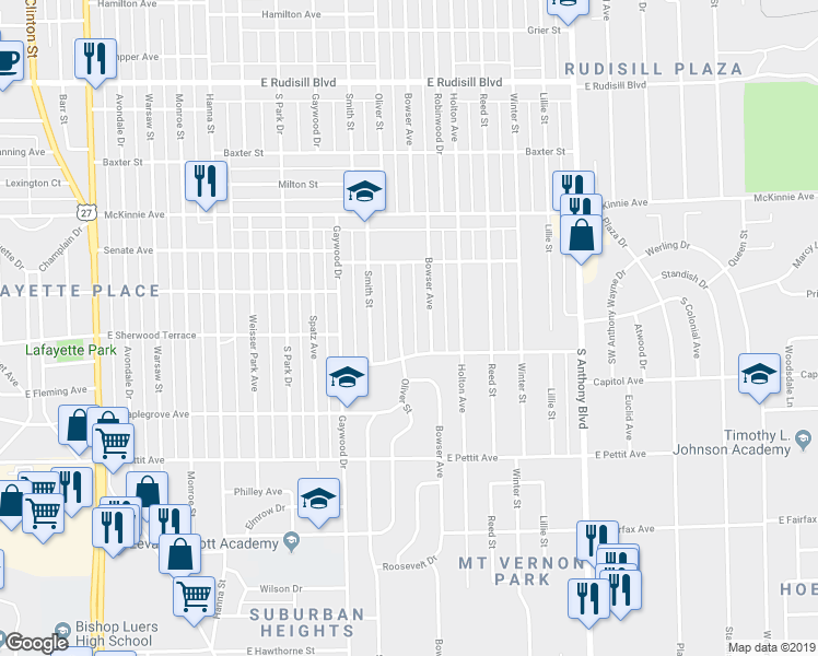 map of restaurants, bars, coffee shops, grocery stores, and more near 4525 Oliver Street in Fort Wayne