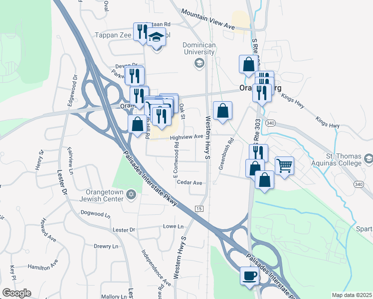map of restaurants, bars, coffee shops, grocery stores, and more near 34 Cortwood Village in Orangeburg