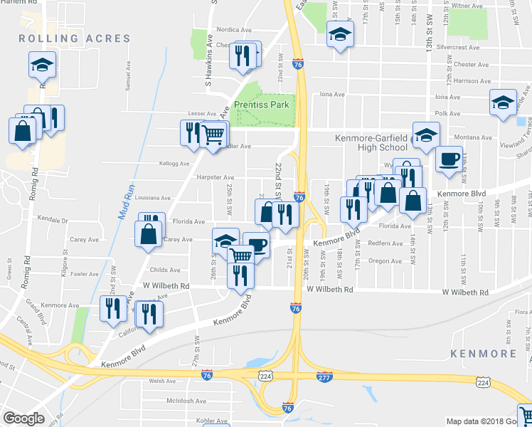 map of restaurants, bars, coffee shops, grocery stores, and more near 2230 22nd Street Southwest in Akron
