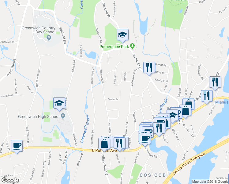 map of restaurants, bars, coffee shops, grocery stores, and more near 9 Annjim Drive in Greenwich
