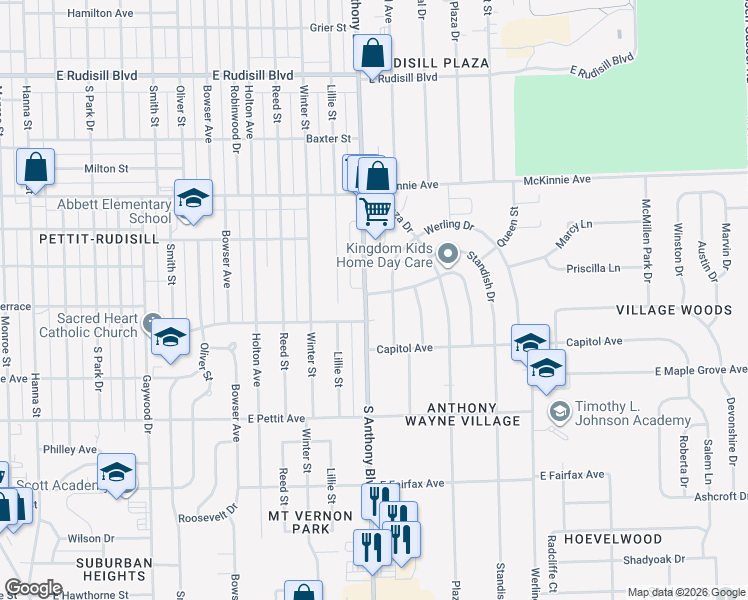 map of restaurants, bars, coffee shops, grocery stores, and more near 4609 South Anthony Boulevard in Fort Wayne
