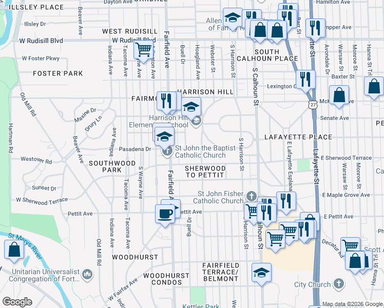 map of restaurants, bars, coffee shops, grocery stores, and more near 425 Pasadena Drive in Fort Wayne