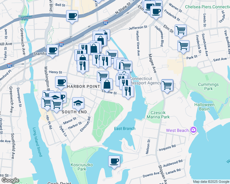map of restaurants, bars, coffee shops, grocery stores, and more near 238 Ludlow Street in Stamford