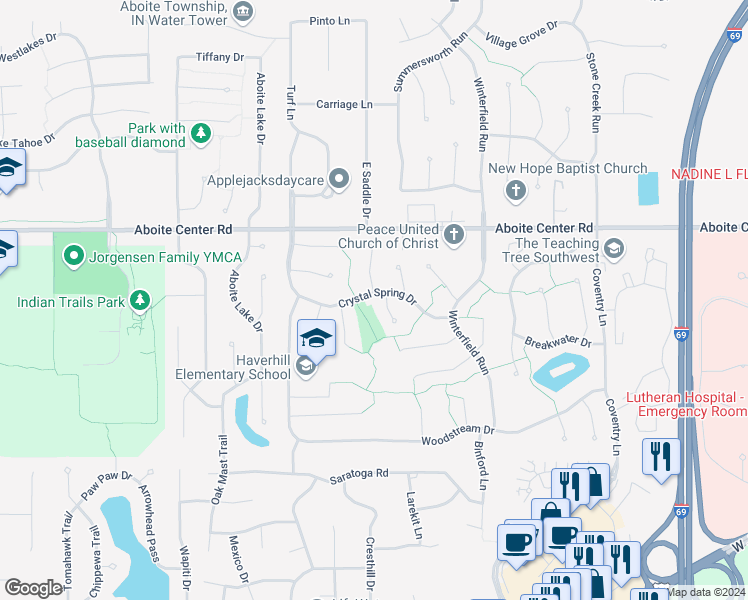 map of restaurants, bars, coffee shops, grocery stores, and more near 9417 Crystal Spring Drive in Fort Wayne