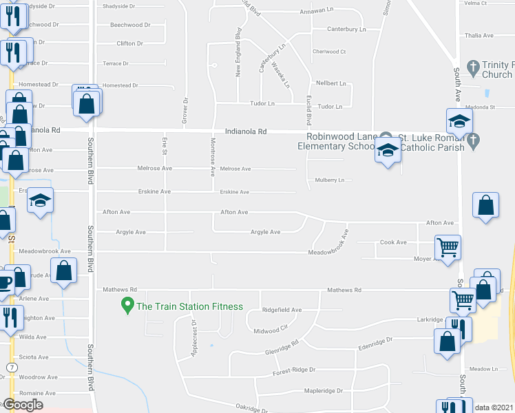 map of restaurants, bars, coffee shops, grocery stores, and more near 368 Afton Ave in Youngstown