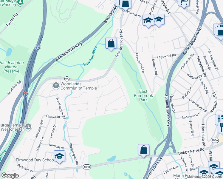 map of restaurants, bars, coffee shops, grocery stores, and more near 64 Parkview Road in Elmsford