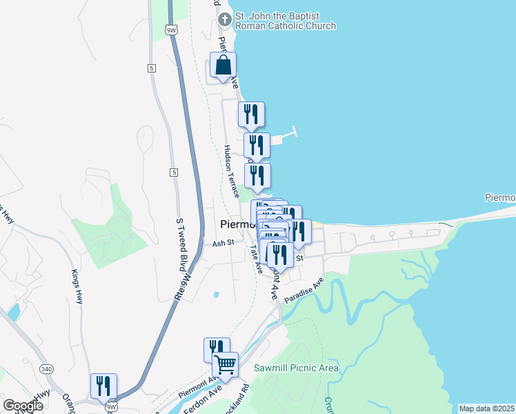 map of restaurants, bars, coffee shops, grocery stores, and more near Piermont Avenue in Piermont