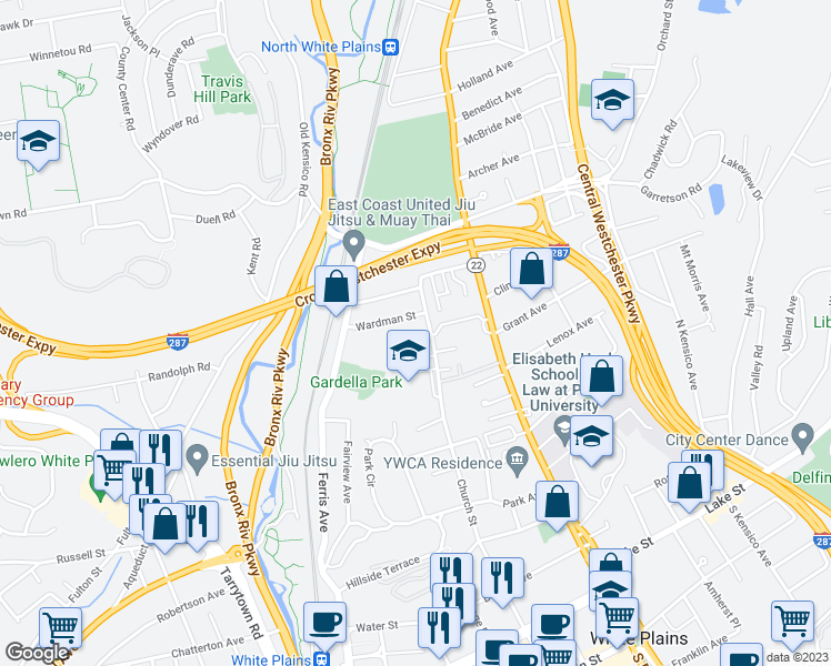 map of restaurants, bars, coffee shops, grocery stores, and more near 4 Albro Lane in White Plains