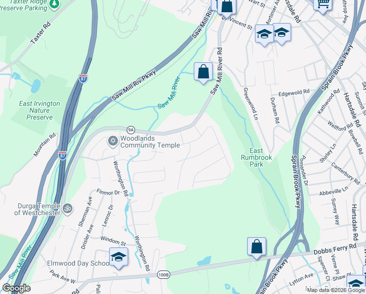 map of restaurants, bars, coffee shops, grocery stores, and more near 54 Parkview Road in Elmsford