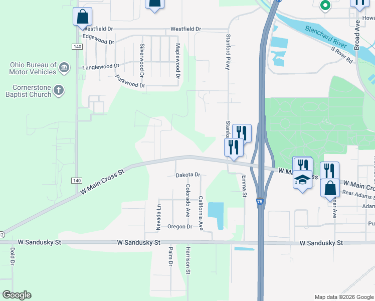 map of restaurants, bars, coffee shops, grocery stores, and more near 1820 West Main Cross Street in Findlay