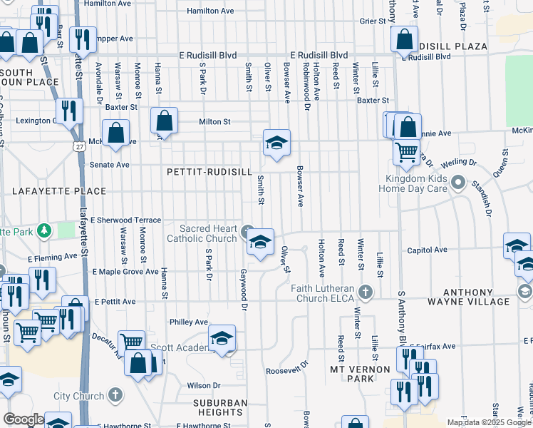 map of restaurants, bars, coffee shops, grocery stores, and more near 4519 Smith Street in Fort Wayne