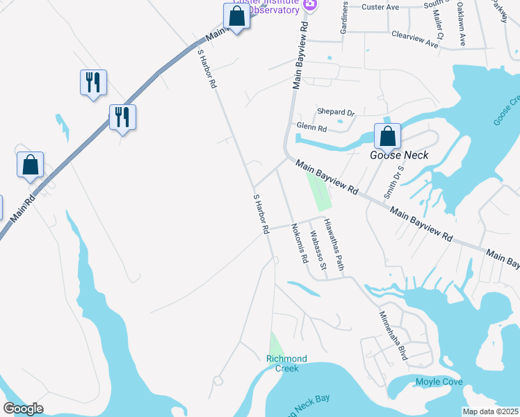 map of restaurants, bars, coffee shops, grocery stores, and more near 3160 South Harbor Road in Southold