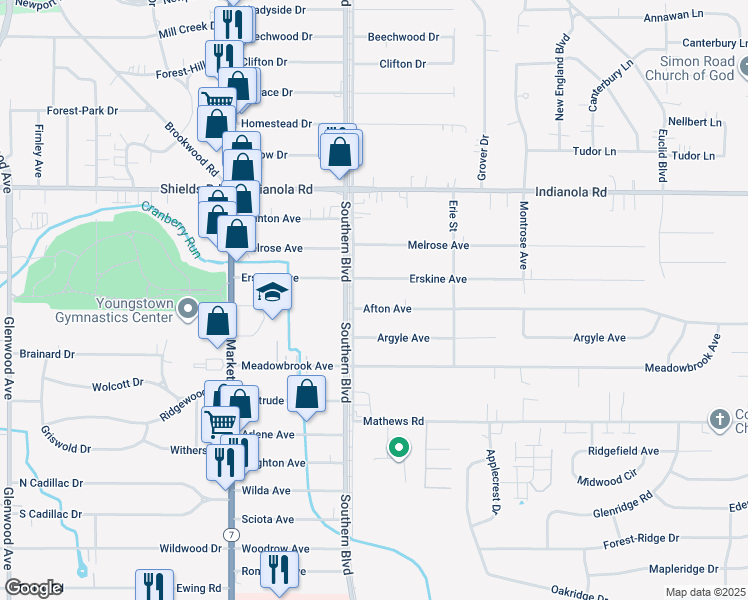 map of restaurants, bars, coffee shops, grocery stores, and more near 120 Afton Avenue in Youngstown