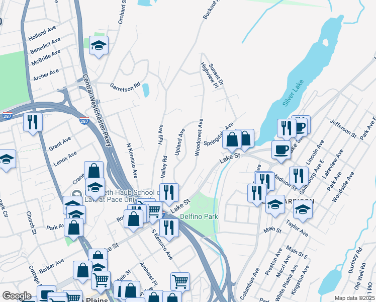 map of restaurants, bars, coffee shops, grocery stores, and more near 12 Upland Terrace in White Plains