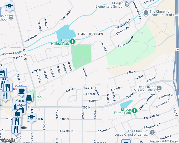 map of restaurants, bars, coffee shops, grocery stores, and more near 547 Happy Hollow Lane in Kaysville