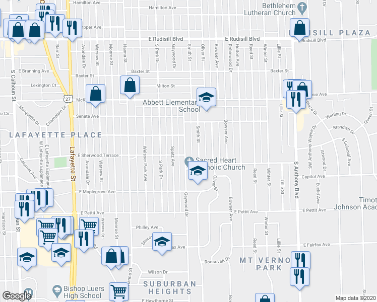 map of restaurants, bars, coffee shops, grocery stores, and more near 4529 Gaywood Drive in Fort Wayne