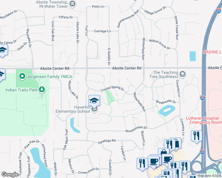 map of restaurants, bars, coffee shops, grocery stores, and more near 9417 Crystal Spring Drive in Fort Wayne