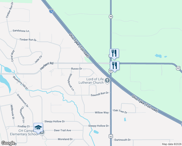 map of restaurants, bars, coffee shops, grocery stores, and more near 65 Russo Drive in Canfield