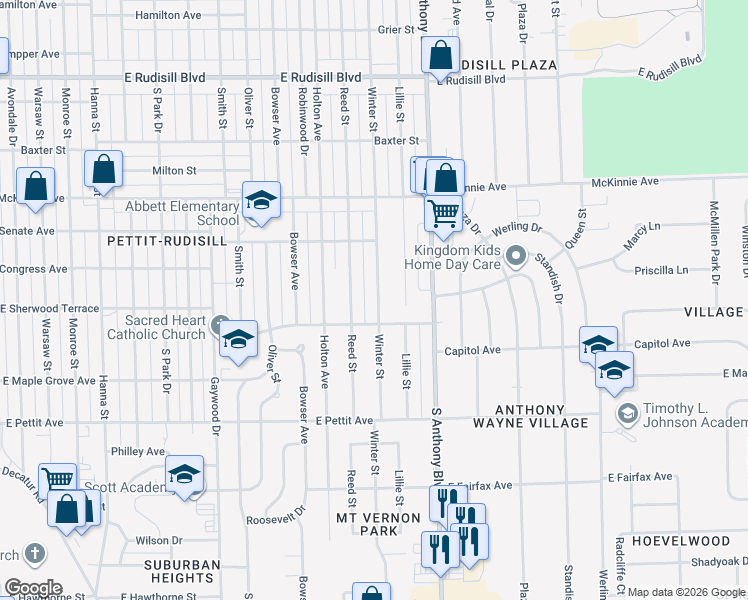 map of restaurants, bars, coffee shops, grocery stores, and more near 4518 Winter Street in Fort Wayne
