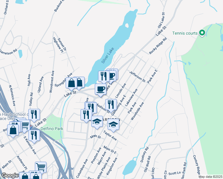 map of restaurants, bars, coffee shops, grocery stores, and more near 87 Lake Street in Harrison