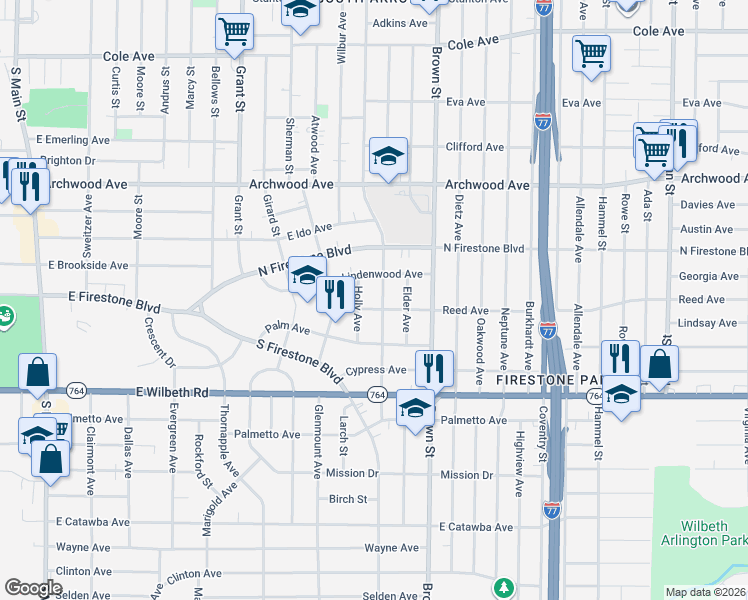 map of restaurants, bars, coffee shops, grocery stores, and more near 1425 Holly Avenue in Akron