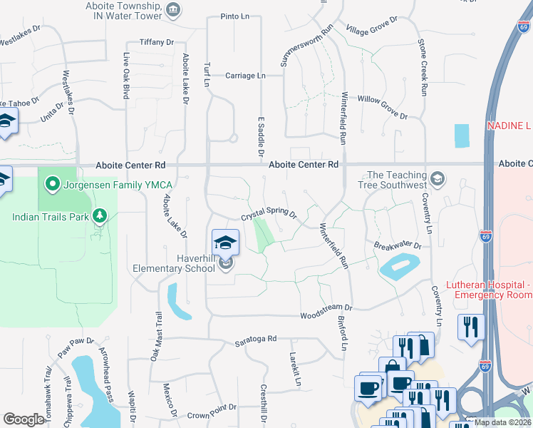 map of restaurants, bars, coffee shops, grocery stores, and more near 9417 Crystal Spring Drive in Fort Wayne