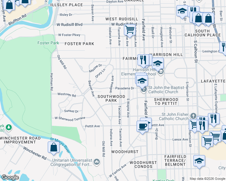 map of restaurants, bars, coffee shops, grocery stores, and more near 825 Pasadena Dr in Fort Wayne