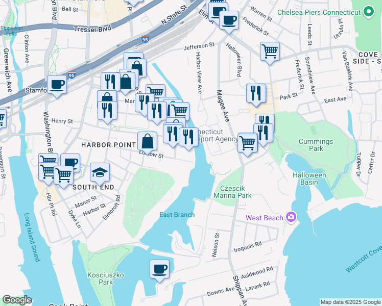 map of restaurants, bars, coffee shops, grocery stores, and more near 860 Canal Street in Stamford
