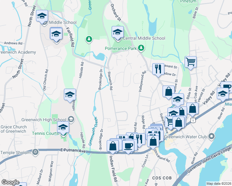 map of restaurants, bars, coffee shops, grocery stores, and more near 39 Stanwich Road in Greenwich